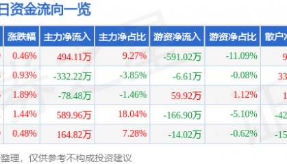 股票行情快报：苏宁环球（000718）6月27日主力资金净买入494.11万元