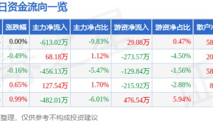 股票行情快报：深圳能源（000027）4月18日主力资金净卖出613.02万元