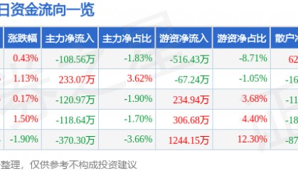 股票行情快报：黄山旅游（600054）12月27日主力资金净卖出108.56万元