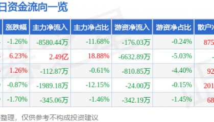 股票行情快报：联创电子（002036）7月10日主力资金净卖出8580.44万元