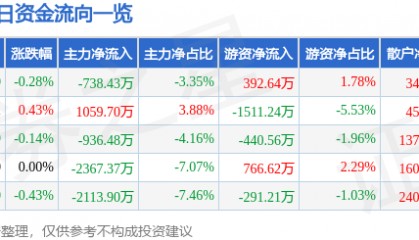 股票行情快报：东华软件（002065）1月21日主力资金净卖出738.43万元