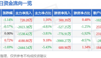 股票行情快报：宝钢股份（600019）1月2日主力资金净买入720.28万元