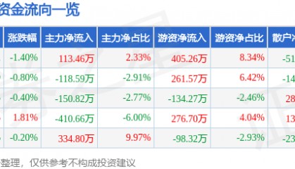 股票行情快报：黑牡丹（600510）5月22日主力资金净买入113.46万元