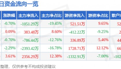 股票行情快报：黄山旅游（600054）2月17日主力资金净卖出1051.29万元