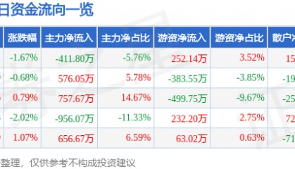 股票行情快报：钱江水利（600283）6月13日主力资金净卖出411.80万元