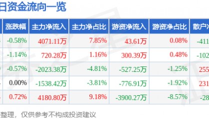 股票行情快报：宝钢股份（600019）1月3日主力资金净买入4071.11万元