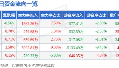 股票行情快报：皖能电力（000543）2月5日主力资金净买入1562.26万元