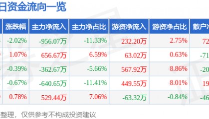 股票行情快报：钱江水利（600283）6月10日主力资金净卖出956.07万元