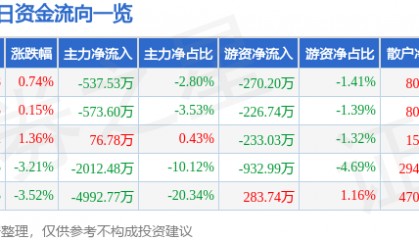股票行情快报：亚光科技（300123）12月20日主力资金净卖出537.53万元