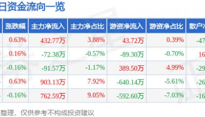 股票行情快报：深圳能源（000027）3月24日主力资金净买入432.77万元