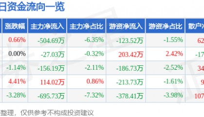 股票行情快报：泰山石油（000554）11月28日主力资金净卖出504.69万元