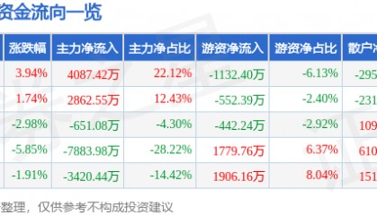 股票行情快报：探路者（300005）11月19日主力资金净买入4087.42万元