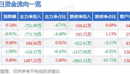 股票行情快报：皖能电力（000543）2月26日主力资金净卖出751.99万元