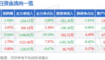 股票行情快报：东方电热（300217）2月13日主力资金净卖出334.11万元