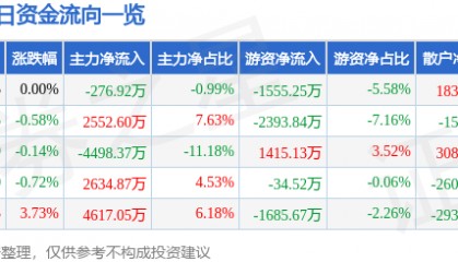 股票行情快报：宝钢股份（600019）2月13日主力资金净卖出276.92万元