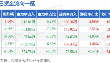 股票行情快报：鄂尔多斯（600295）1月13日主力资金净卖出312.81万元