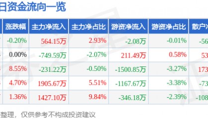 股票行情快报：东方电热（300217）5月8日主力资金净买入564.15万元