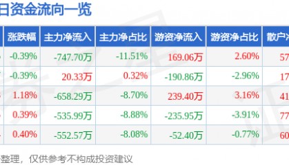 股票行情快报：华电能源（600726）8月7日主力资金净卖出747.70万元