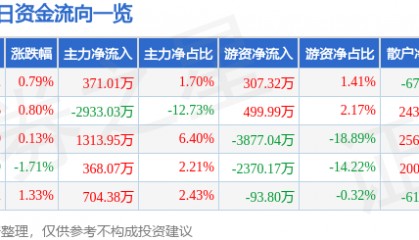 股票行情快报：天顺风能（002531）1月9日主力资金净买入371.01万元