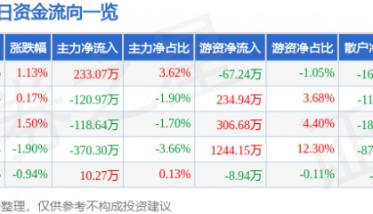 股票行情快报：黄山旅游（600054）12月26日主力资金净买入233.07万元