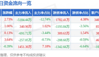 股票行情快报：皖能电力（000543）12月6日主力资金净卖出5184.44万元