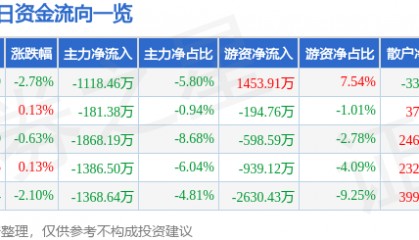 股票行情快报：皖能电力（000543）1月2日主力资金净卖出1118.46万元