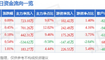 股票行情快报：黄山旅游（600054）2月7日主力资金净买入723.10万元