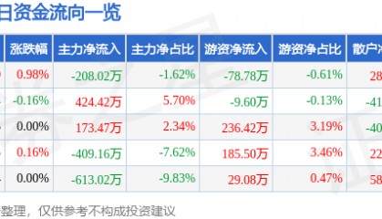 股票行情快报：深圳能源（000027）4月24日主力资金净卖出208.02万元