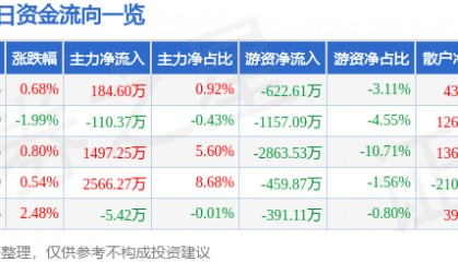 股票行情快报：皖能电力（000543）2月24日主力资金净买入184.60万元