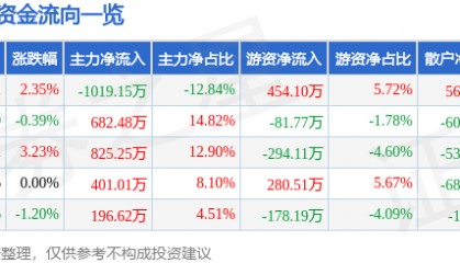 股票行情快报：黑牡丹（600510）3月6日主力资金净卖出1019.15万元