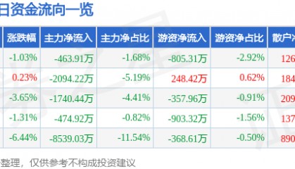 股票行情快报：杉杉股份（600884）11月28日主力资金净卖出463.91万元