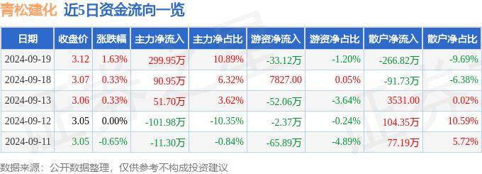 股票行情快报：青松建化（600425）9月19日主力资金净买入299.95万元