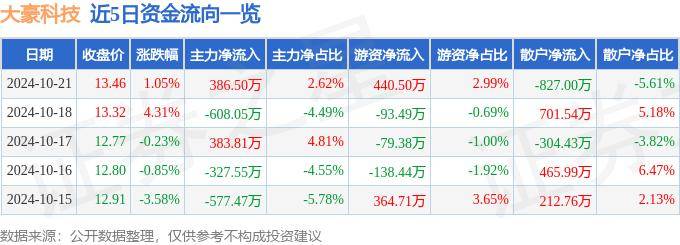 股票行情快报：大豪科技（603025）10月21日主力资金净买入386.50万元