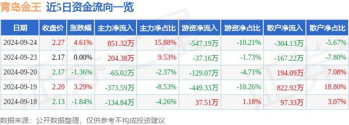 股票行情快报：青岛金王（002094）9月24日主力资金净买入851.32万元