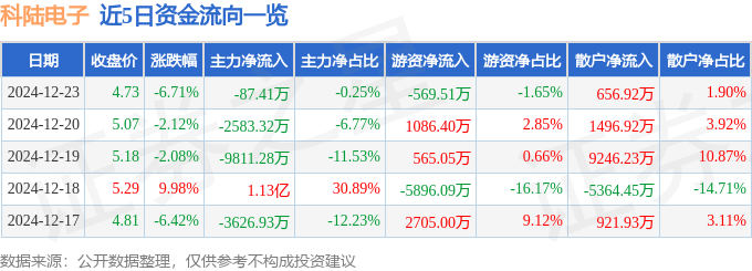 股票行情快报：科陆电子（002121）12月23日主力资金净卖出87.41万元