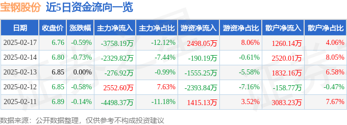股票行情快报：宝钢股份（600019）2月17日主力资金净卖出3758.19万元