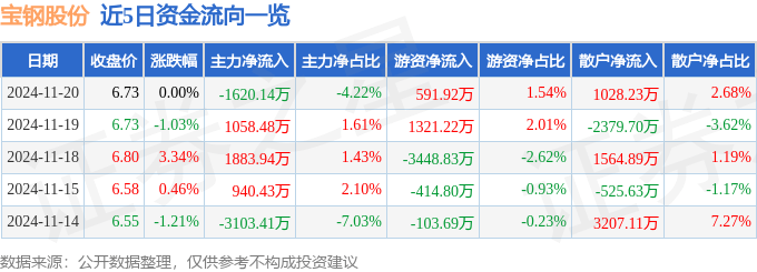 股票行情快报：宝钢股份（600019）11月20日主力资金净卖出1620.14万元