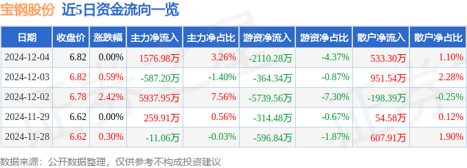 股票行情快报：宝钢股份（600019）12月4日主力资金净买入1576.98万元
