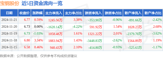 股票行情快报：宝钢股份（600019）11月21日主力资金净买入1245.56万元
