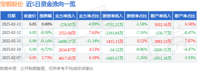 股票行情快报：宝钢股份（600019）2月13日主力资金净卖出276.92万元