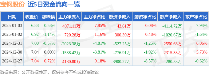 股票行情快报：宝钢股份（600019）1月3日主力资金净买入4071.11万元