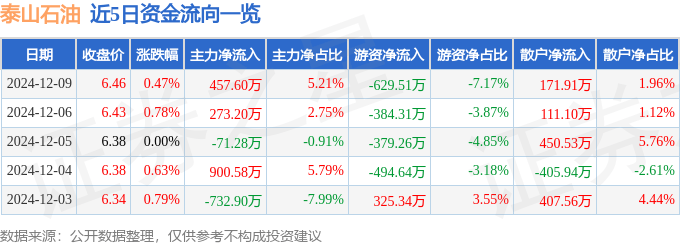 股票行情快报：泰山石油（000554）12月9日主力资金净买入457.60万元
