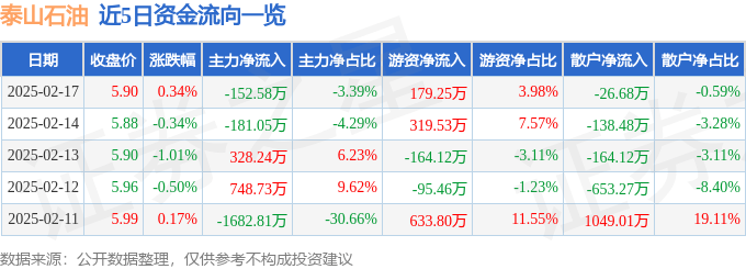 股票行情快报：泰山石油（000554）2月17日主力资金净卖出152.58万元