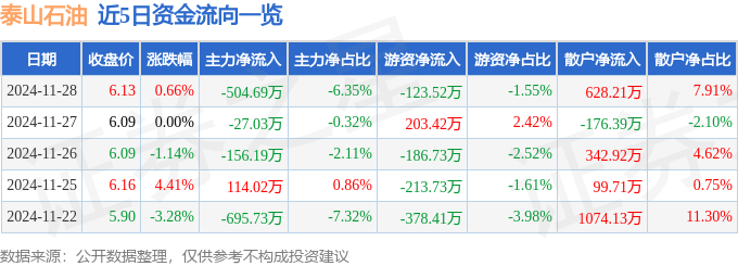 股票行情快报：泰山石油（000554）11月28日主力资金净卖出504.69万元