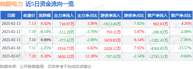 股票行情快报：皖能电力（000543）2月13日主力资金净买入710.97万元