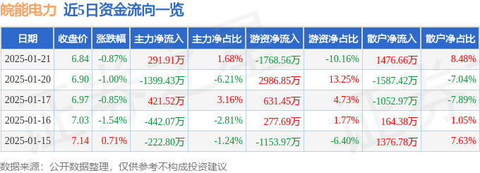 股票行情快报：皖能电力（000543）1月21日主力资金净买入291.91万元