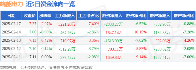 股票行情快报：皖能电力（000543）2月17日主力资金净买入3221.20万元
