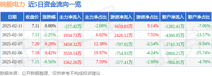 股票行情快报：皖能电力（000543）2月11日主力资金净卖出377.42万元
