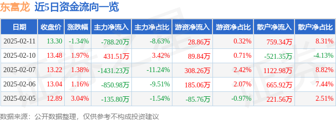 股票行情快报：东富龙（300171）2月11日主力资金净卖出788.20万元