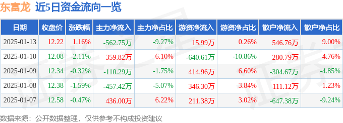 股票行情快报：东富龙（300171）1月13日主力资金净卖出562.75万元